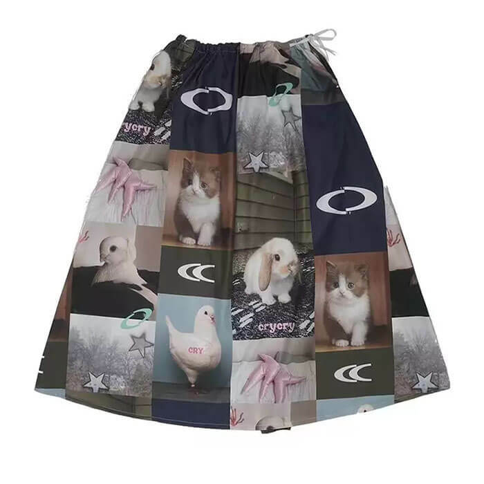 Y2K Fashion Rabbit & Cat Print Aesthetic Midi Skirt - 2000s Style