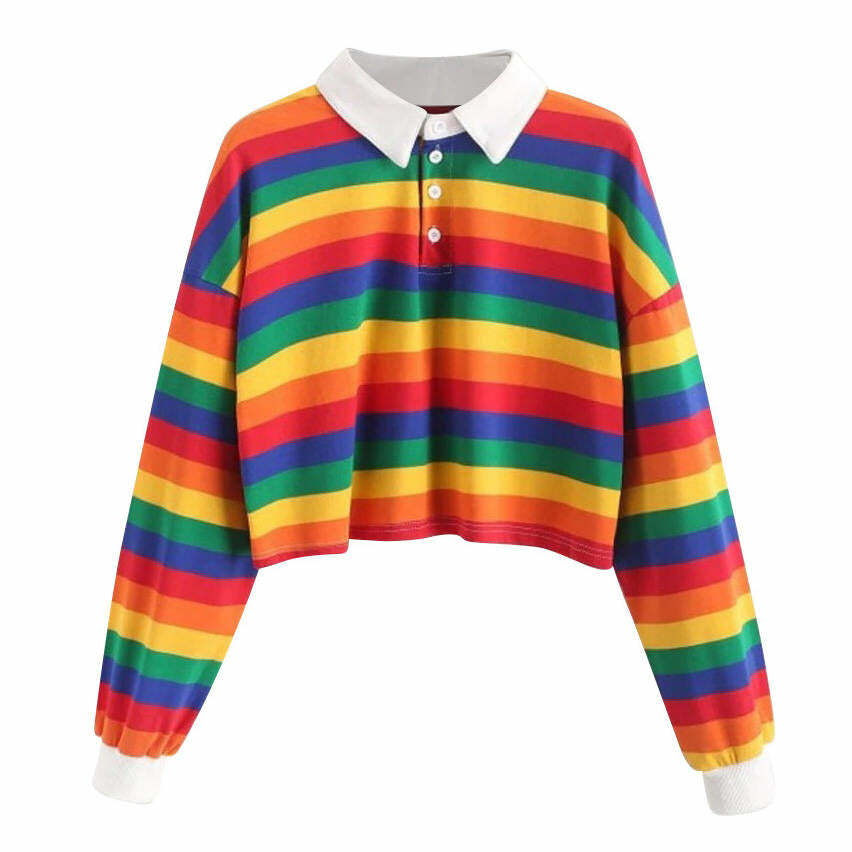 Y2K Fashion Rainbow Collared Top - Trendy 2000s Style Aesthetic