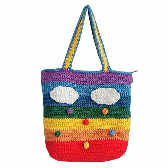 Y2K Fashion Rainbow Knitted Tote Bag - Trendy 2000s Style Accessory