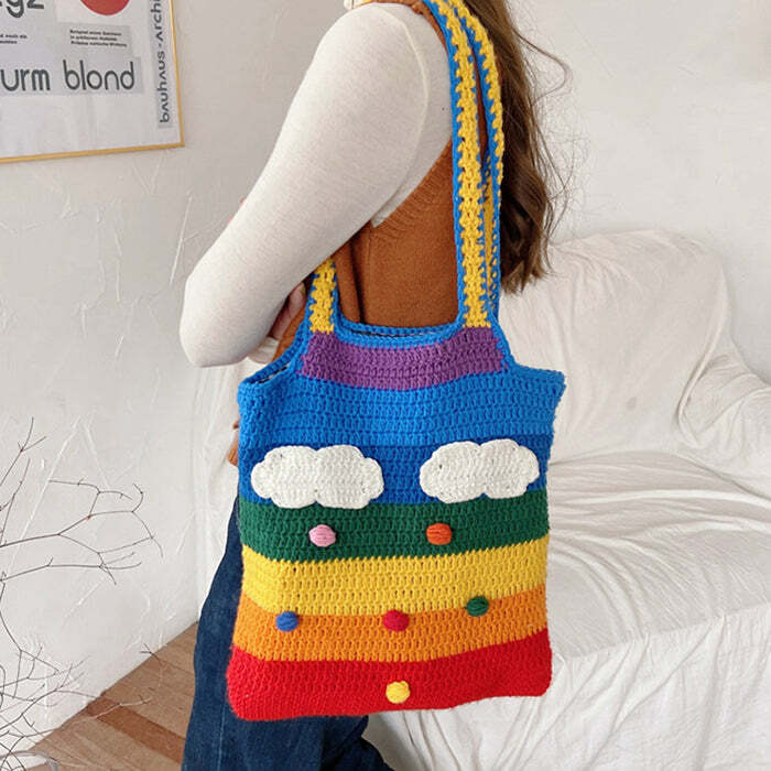 Y2K Fashion Rainbow Knitted Tote Bag - Trendy 2000s Style Accessory