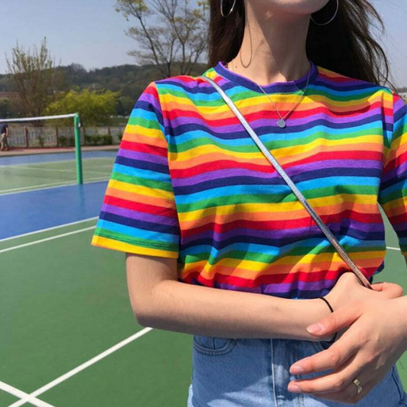 Y2K Fashion Rainbow Tee: Vibrant 2000s Style for Trendy Outfits