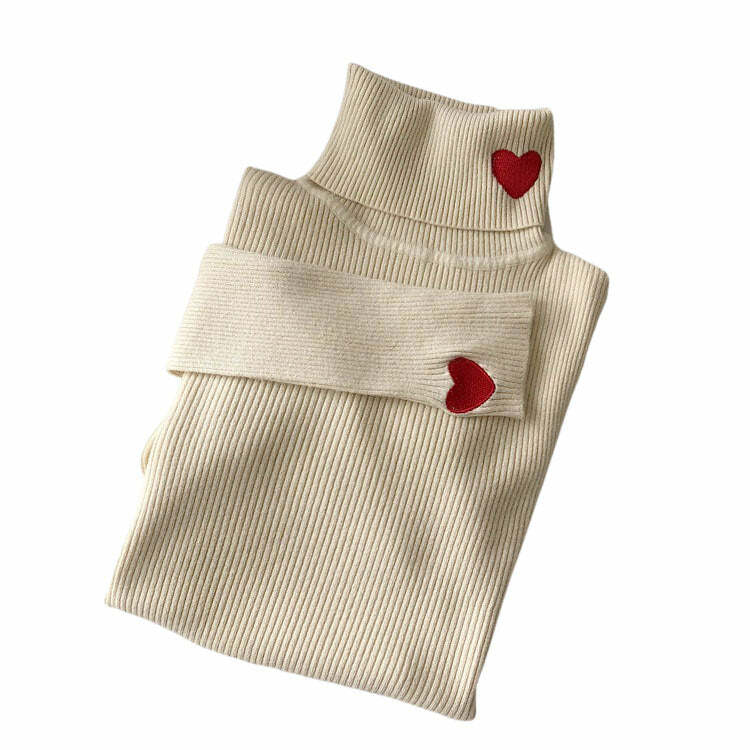 Y2K Fashion Red Heart Embroidery Turtleneck Jumper - 2000s Style