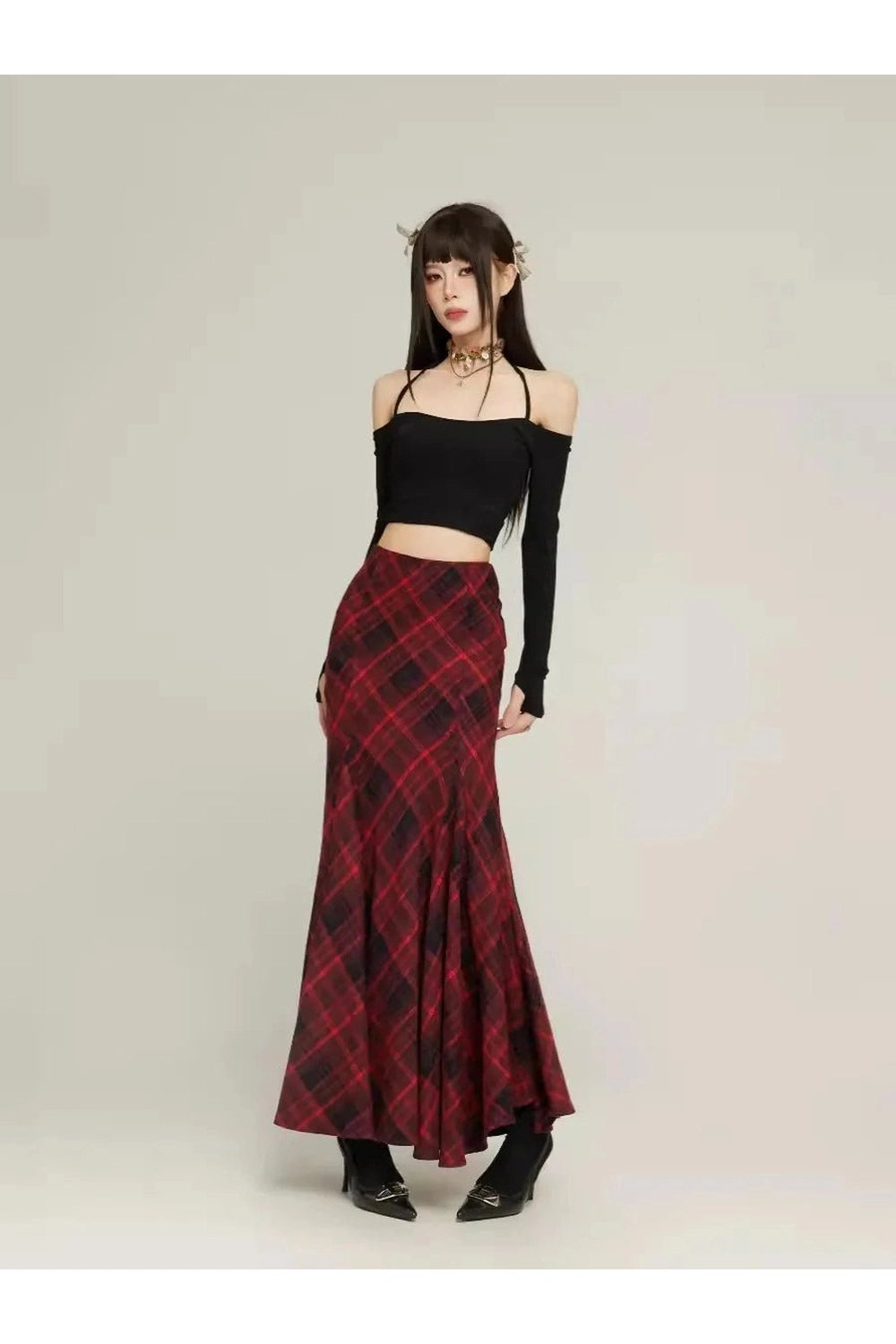 Y2K Fashion Red Plaid Mermaid Maxi Skirt - 2000s Style Statement Piece