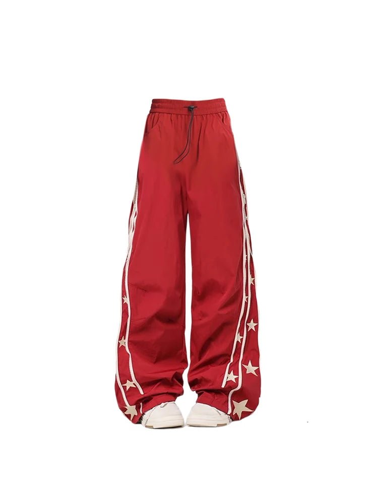 Y2K Fashion Red Star-Stripe Baggy Track Pants - Retro 2000s Style