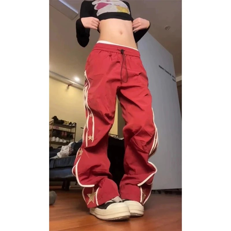 Y2K Fashion Red Star-Stripe Baggy Track Pants - Retro 2000s Style