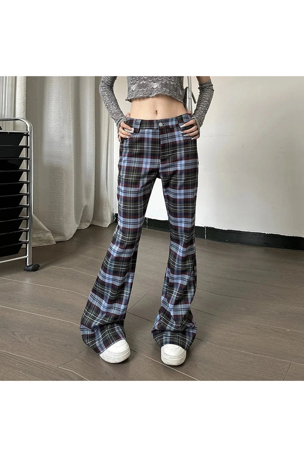 Y2K Fashion Retro Plaid Flare Pants - 2000s Style Aesthetic Outfit