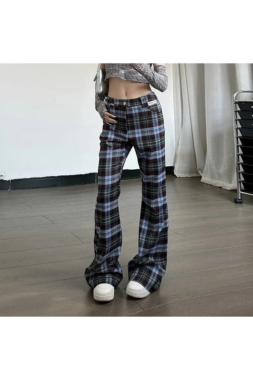 Y2K Fashion Retro Plaid Flare Pants - 2000s Style Aesthetic Outfit