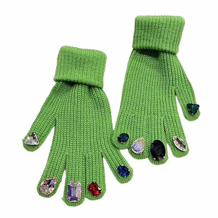 Y2K Fashion Rhinestone Knit Gloves - Trendy 2000s Style Accessories