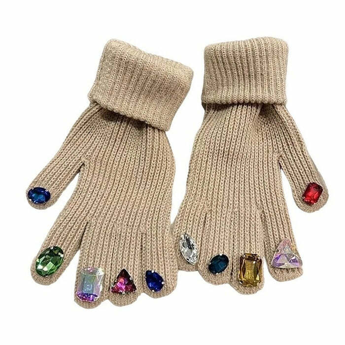 Y2K Fashion Rhinestone Knit Gloves - Trendy 2000s Style Accessories