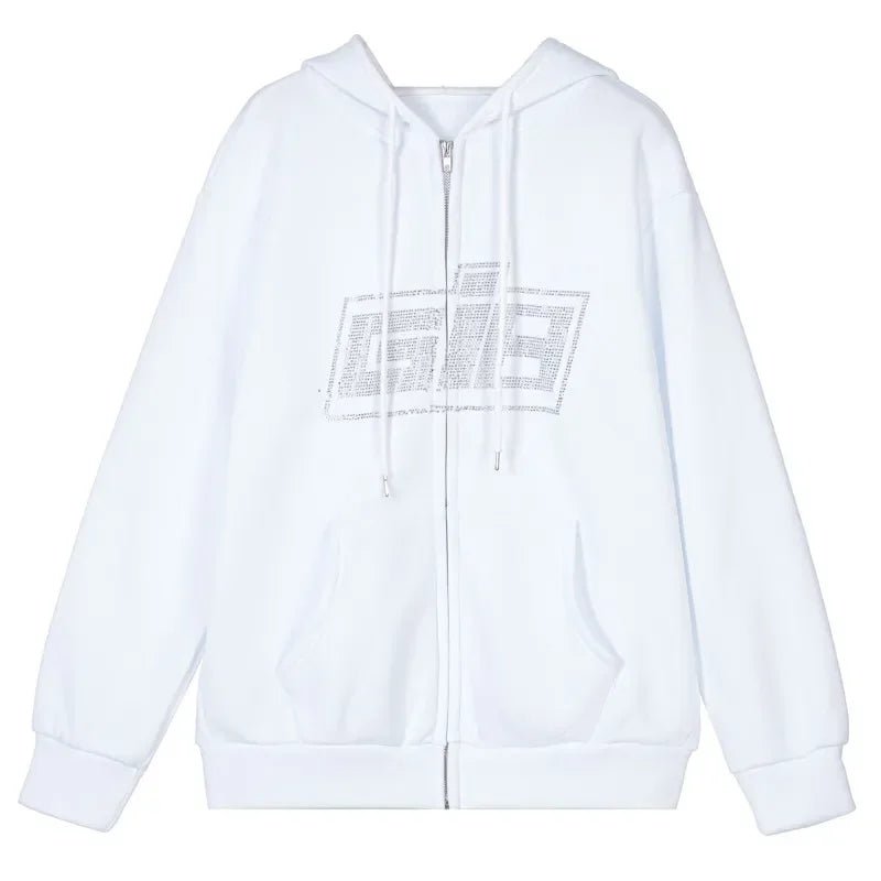 Y2K Fashion Rhinestone Logo Zip-Up Hoodie - Trendy 2000s Style