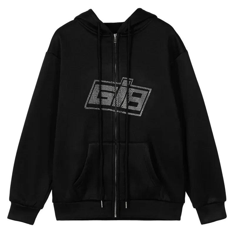 Y2K Fashion Rhinestone Logo Zip-Up Hoodie - Trendy 2000s Style