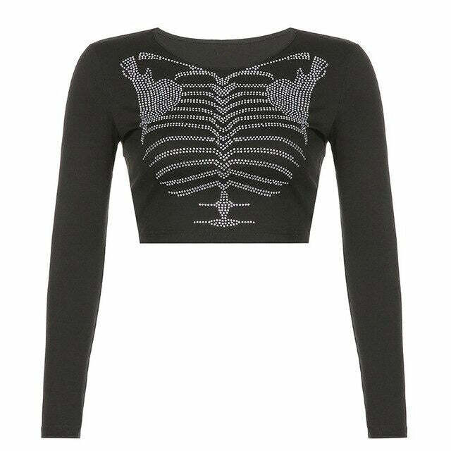 Y2K Fashion Rhinestone Long Sleeve Top - 2000s Style Aesthetic