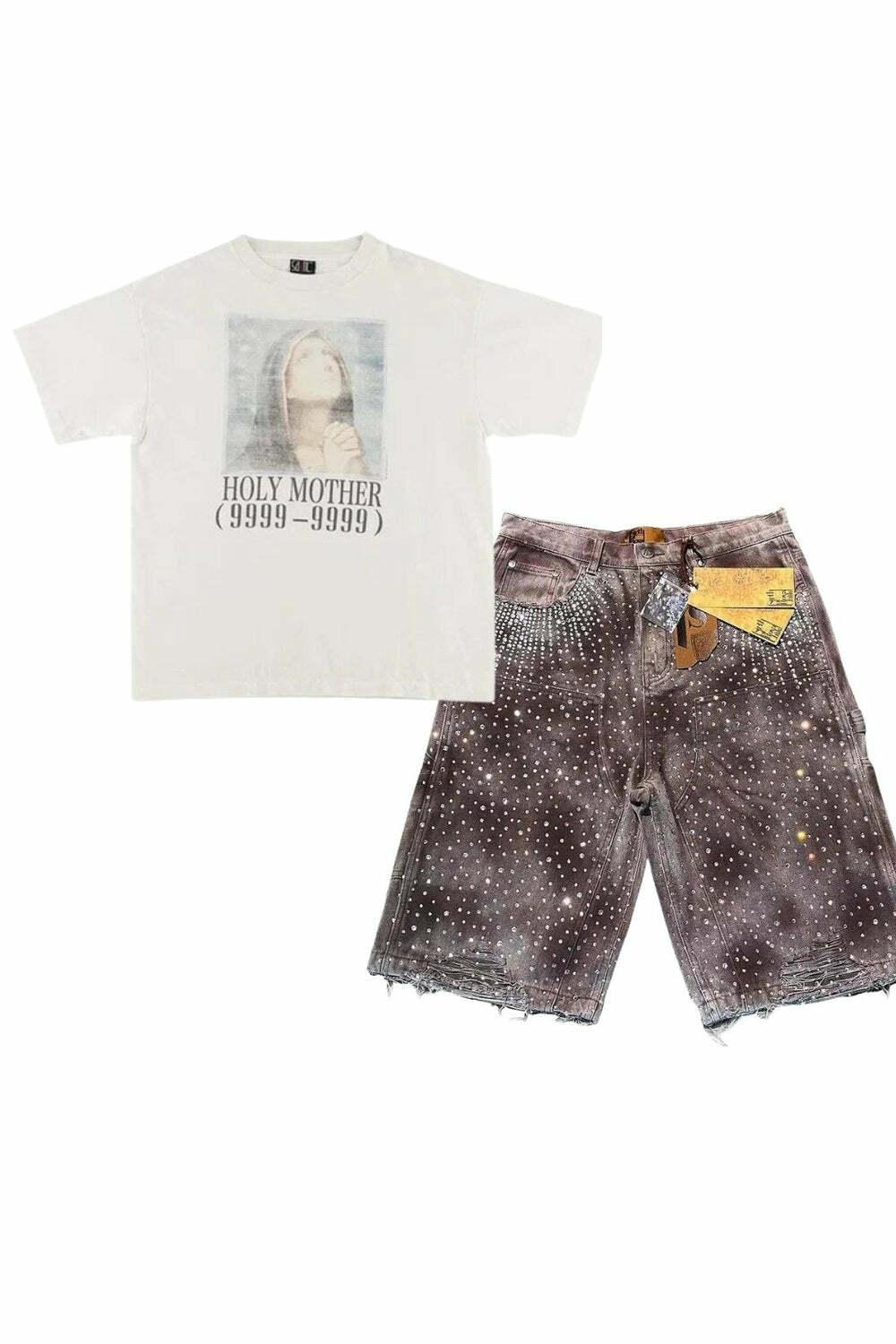 Y2K Fashion: Rhinestone Studded Distressed Denim Shorts & Graphic Tee