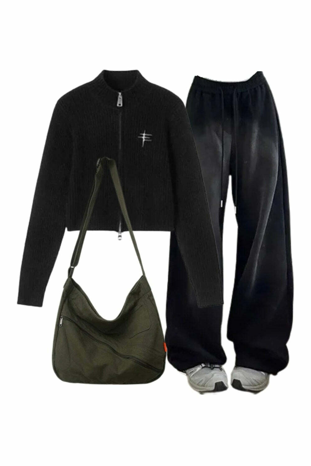 Y2K Fashion: Ribbed Zip-Up Turtleneck Sweater & Baggy Grunge Sweatpants Set