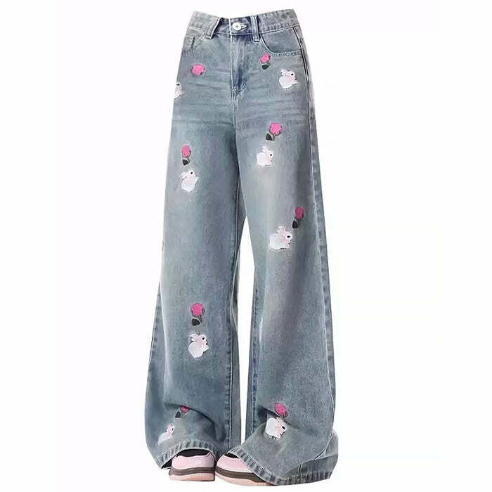 Y2K Fashion Rose & Bunny Embroidery Jeans - Trendy 2000s Style