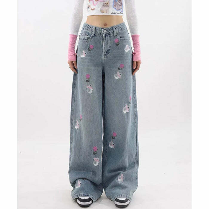 Y2K Fashion Rose & Bunny Embroidery Jeans - Trendy 2000s Style