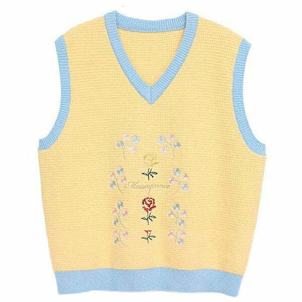 Y2K Fashion Rose Embroidery Knit Vest - Trendy 2000s Style Top