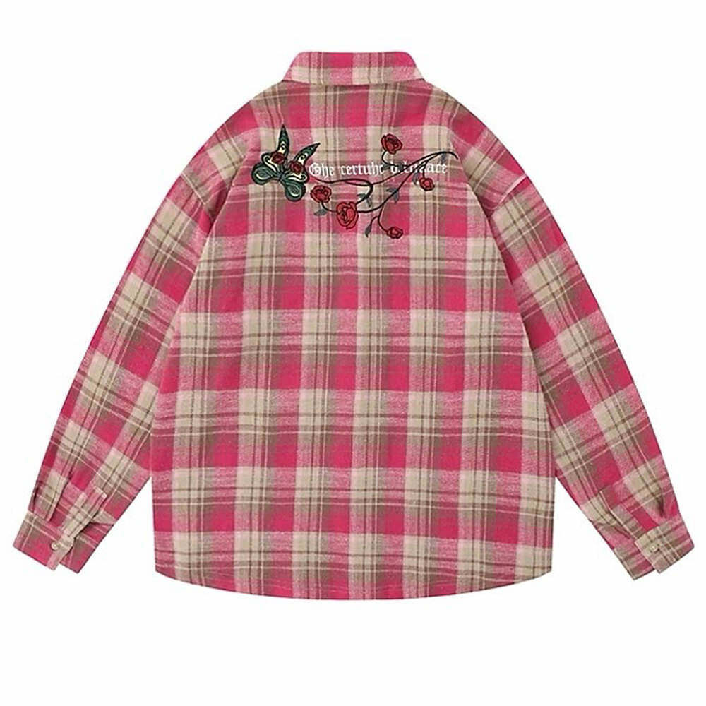 Y2K Fashion Rose in Pocket Plaid Shirt - Trendy 2000s Style Top