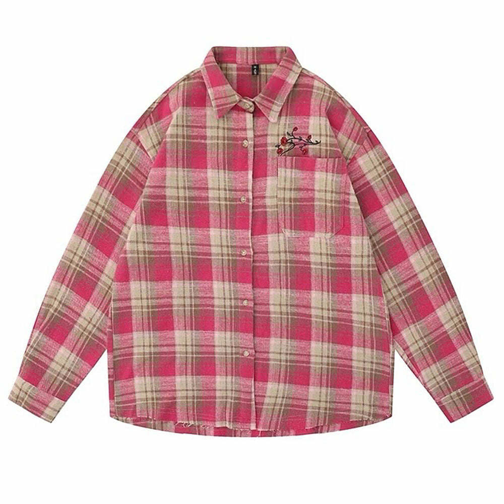 Y2K Fashion Rose in Pocket Plaid Shirt - Trendy 2000s Style Top