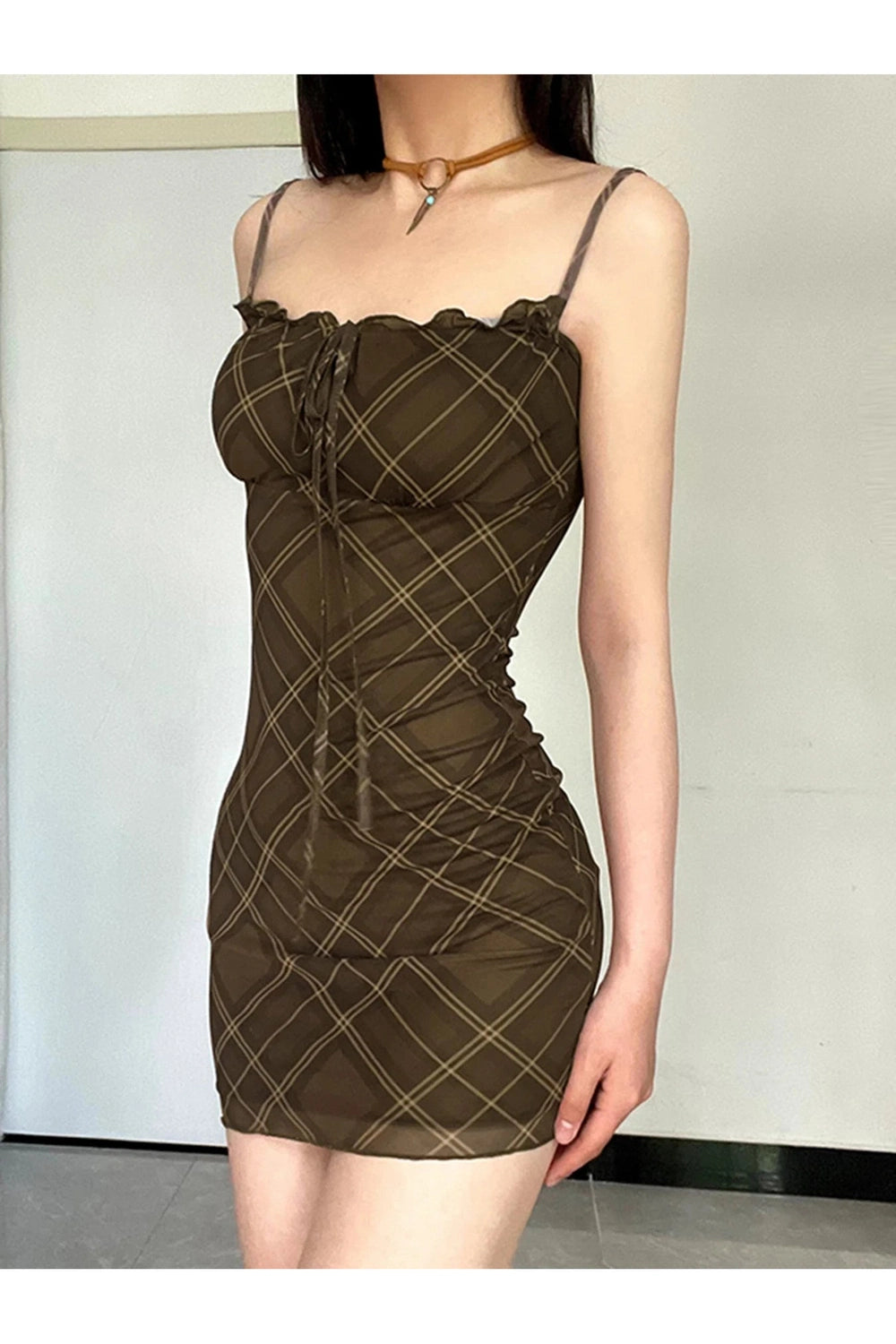 Y2K Fashion Ruched Plaid Bodycon Slip Dress - 2000s Style Aesthetic