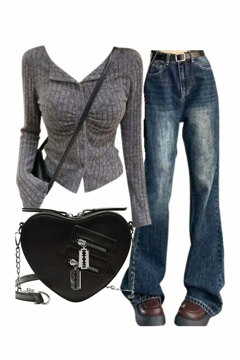 Y2K Fashion: Ruched Ribbed Cardigan, Vintage Flare Jeans & Punk Bag