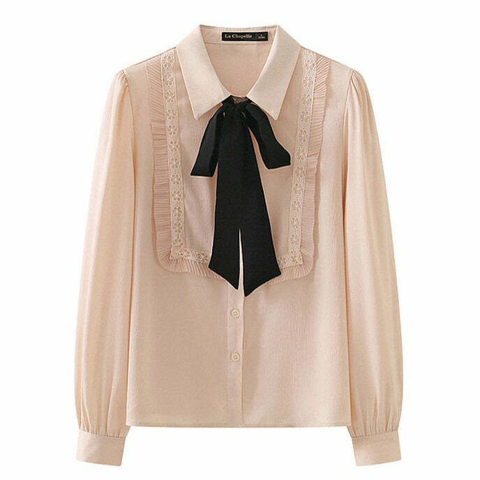 Y2K Fashion Ruffle Bow Tie Neck Shirt - Trendy 2000s Style Top