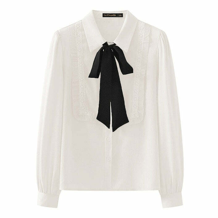 Y2K Fashion Ruffle Bow Tie Neck Shirt - Trendy 2000s Style Top