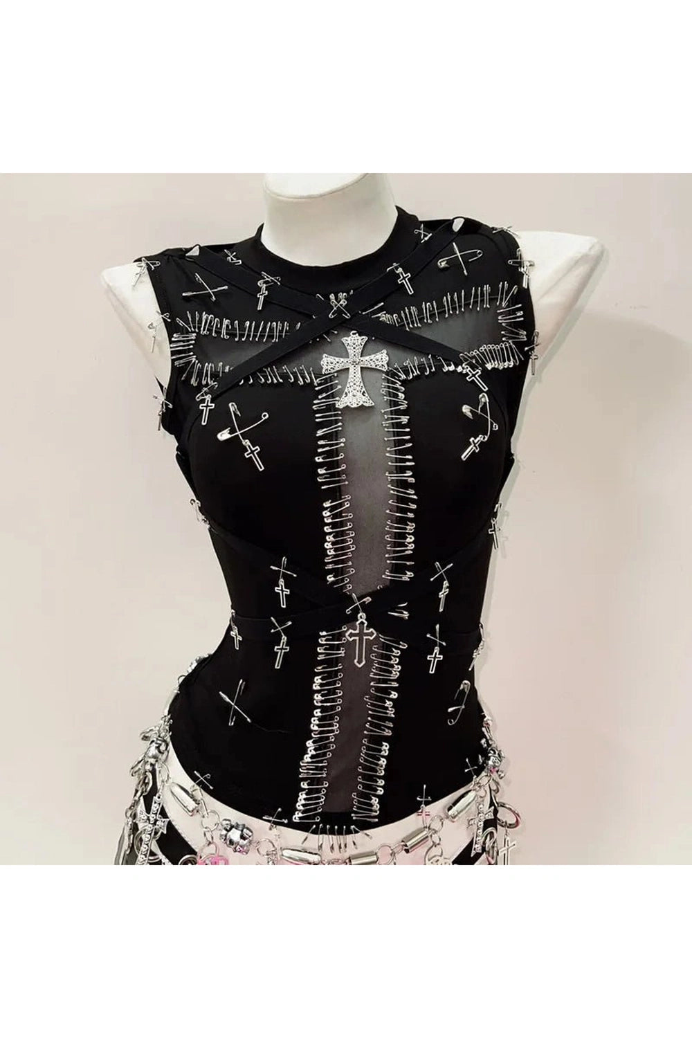 Y2K Fashion Safety Pin Cross Punk Top - Edgy 2000s Style Statement