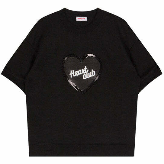 Y2K Fashion Sequin Heart Club T-Shirt - Trendy 2000s Style Top