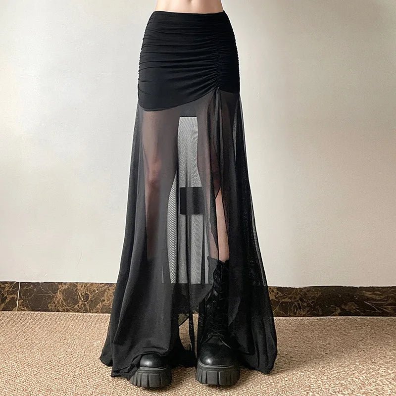 Y2K Fashion Shadow Veil Sheer Maxi Skirt - Trendy 2000s Style Essential