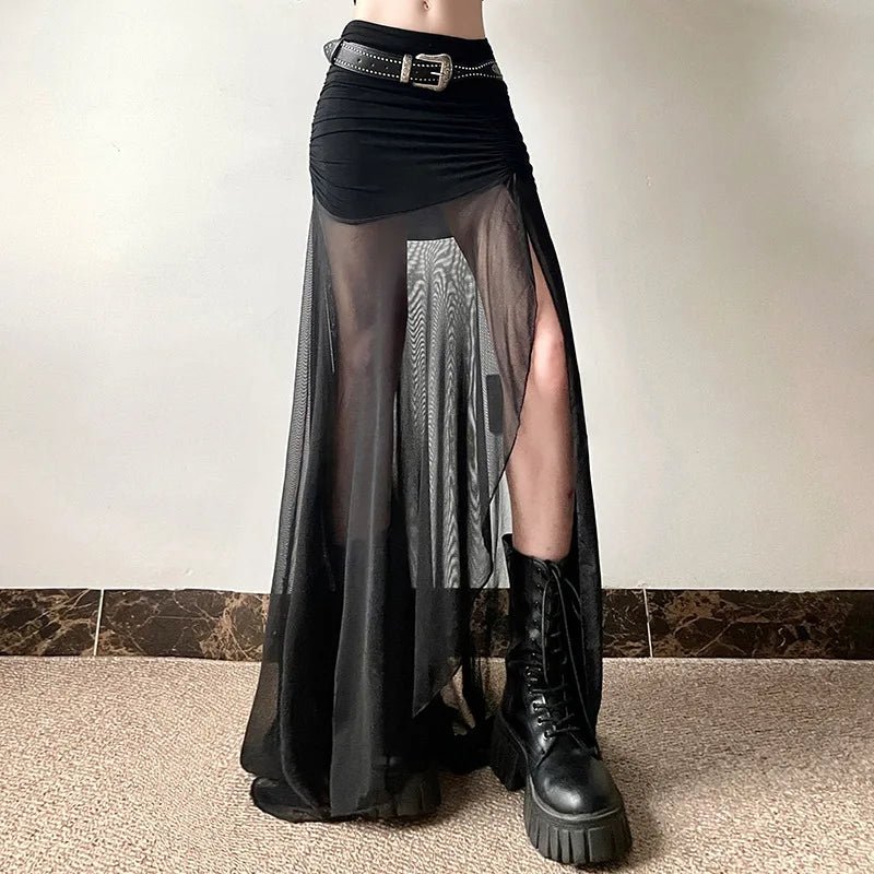 Y2K Fashion Shadow Veil Sheer Maxi Skirt - Trendy 2000s Style Essential