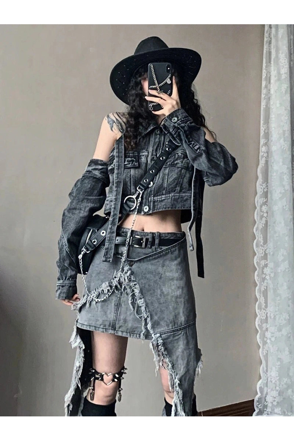 Y2K Fashion Shredded Chaos Denim Set - Trendy 2000s Style Outfit