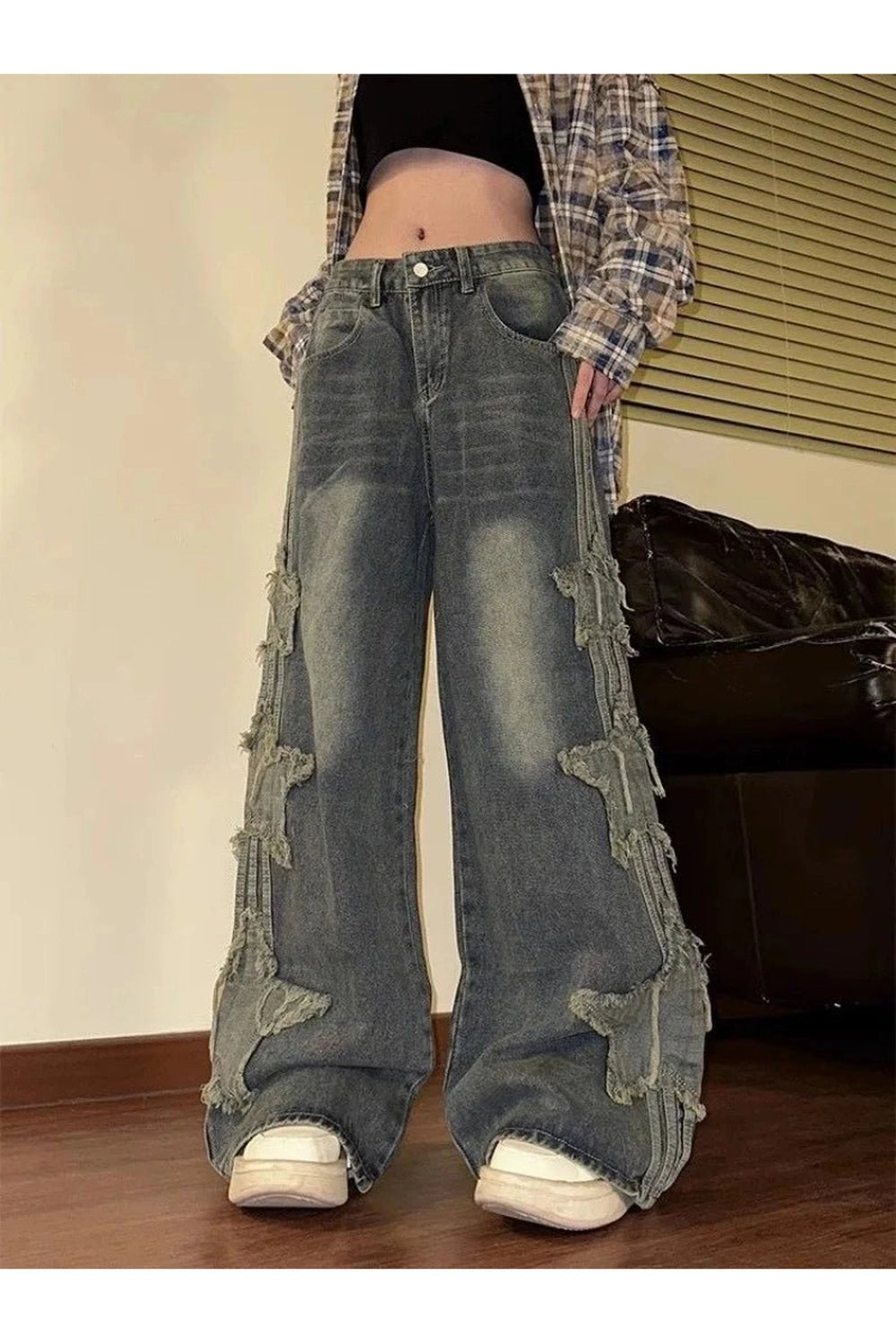 Y2K Fashion Shredded Grunge Wide-Leg Jeans for Trendy Outfits