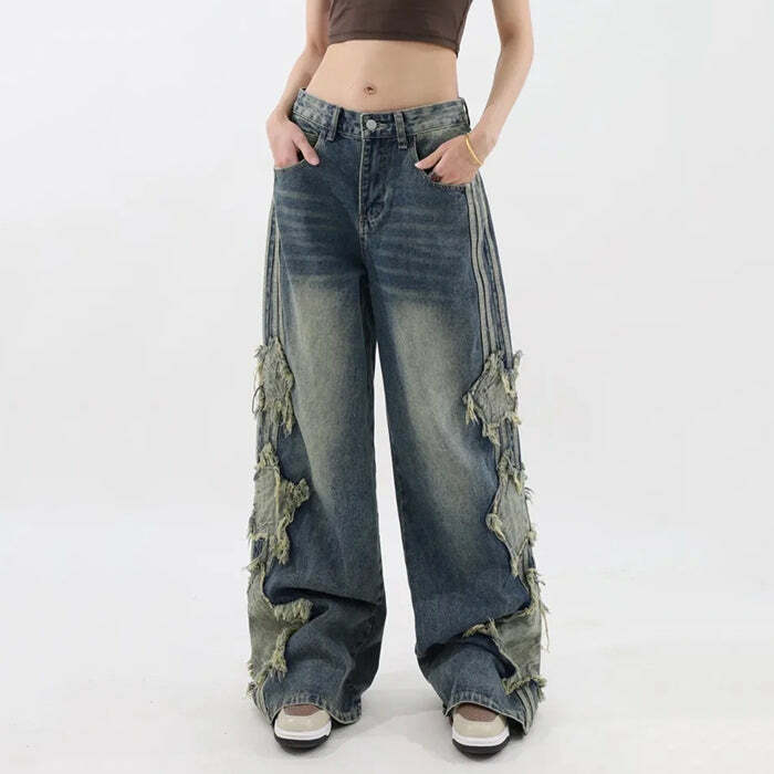 Y2K Fashion Side Stripe Star Jeans - Trendy 2000s Style Denim