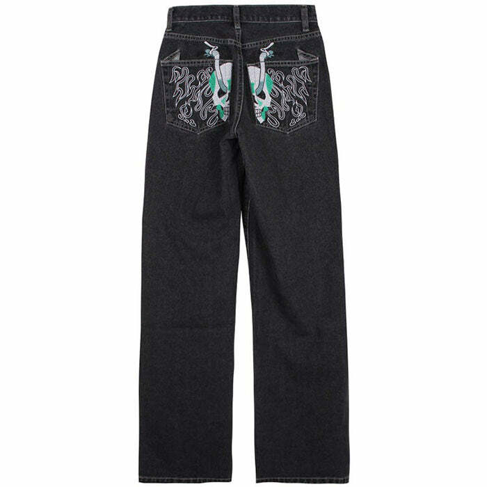 Y2K Fashion Skeleton Embroidery Jeans - Trendy 2000s Style Pants