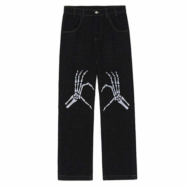 Y2K Fashion Skeleton Hands Embroidery Jeans - Trendy 2000s Style