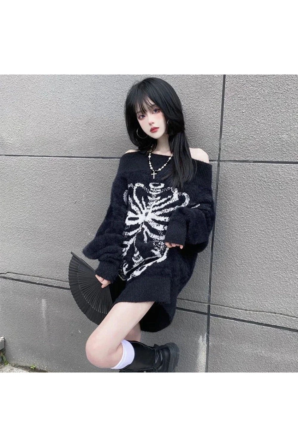 Y2K Fashion Skeleton Shadow Oversized Sweater - 2000s Style Essential