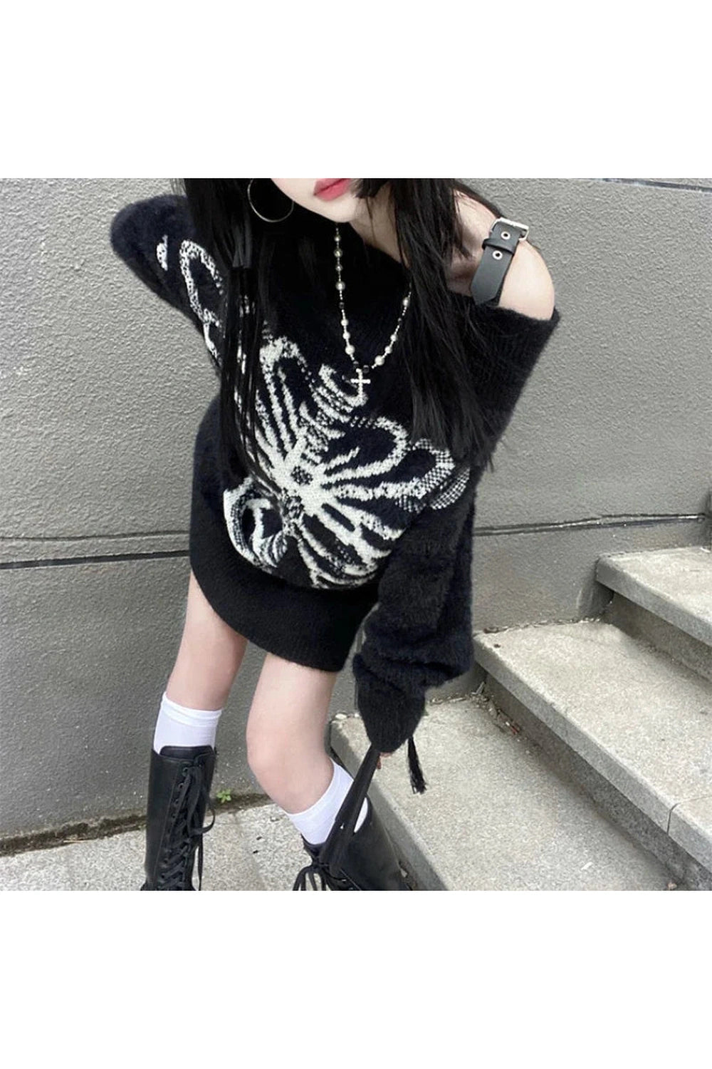 Y2K Fashion Skeleton Shadow Oversized Sweater - 2000s Style Essential