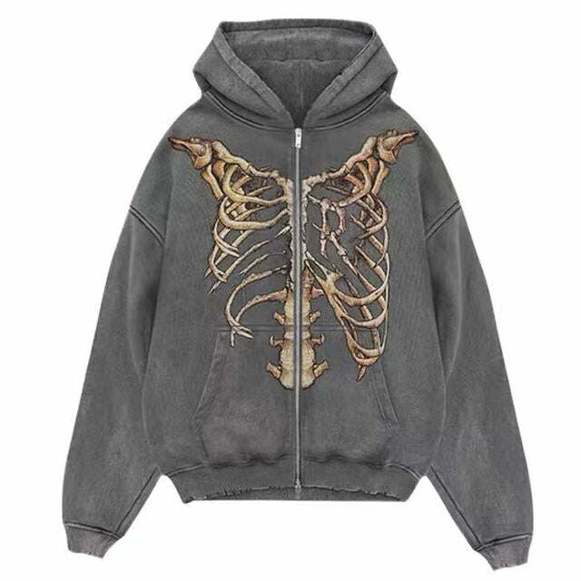 Y2K Fashion Skeleton Zip Up Hoodie - Trendy 2000s Style for Women