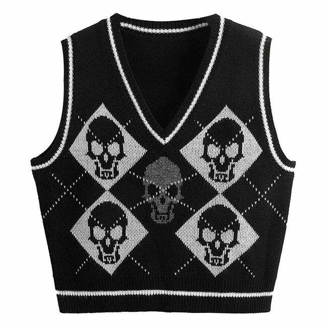 Y2K Fashion Skull Argyle Vest - Trendy 2000s Style for Unique Outfits