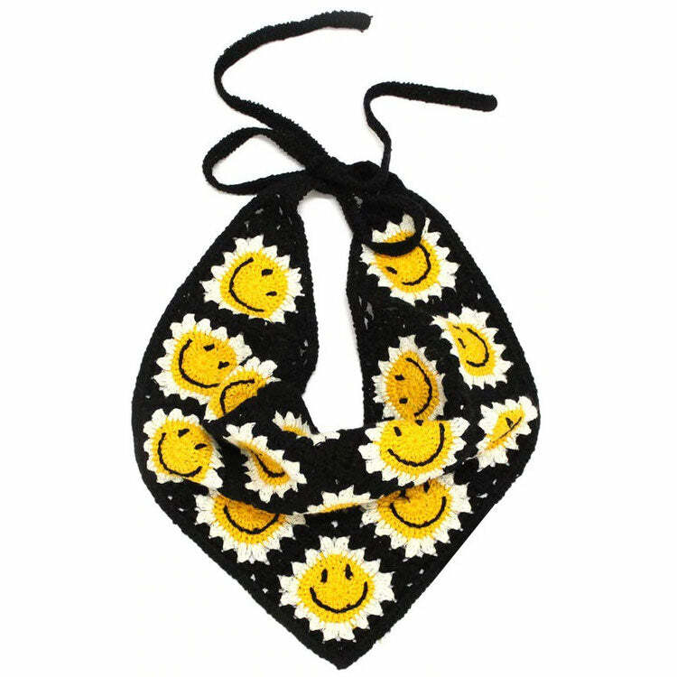 Y2K Fashion Smiley Face Crochet Bandana - Trendy 2000s Style Accessory