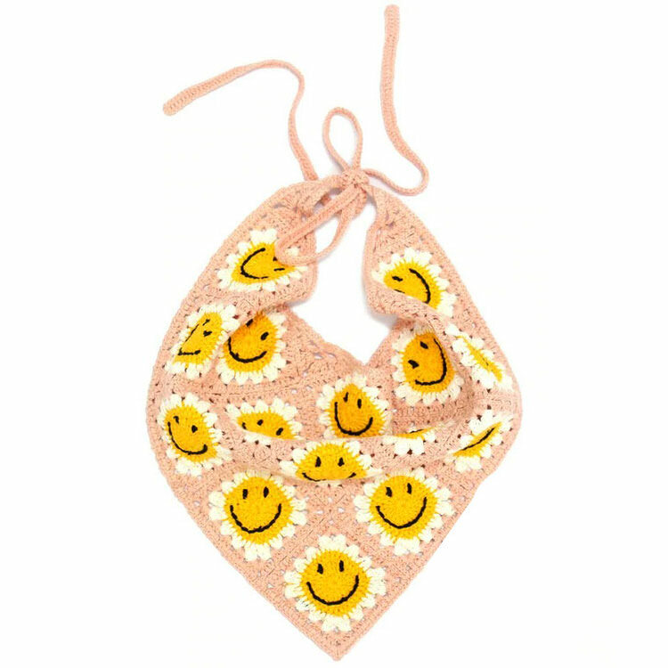 Y2K Fashion Smiley Face Crochet Bandana - Trendy 2000s Style Accessory