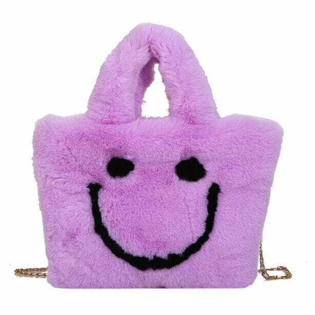 Y2K Fashion Smiley Face Fuzzy Handbag - Trendy 2000s Style Accessory