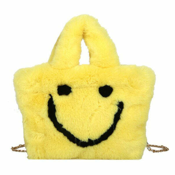 Y2K Fashion Smiley Face Fuzzy Handbag - Trendy 2000s Style Accessory