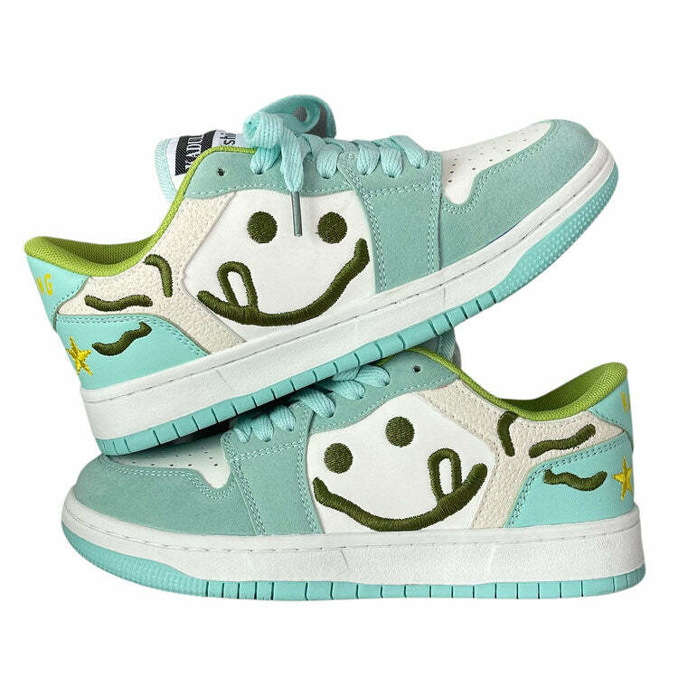 Y2K Fashion Smiling Face Embroidery Mint Green Sneakers for Trendy Looks