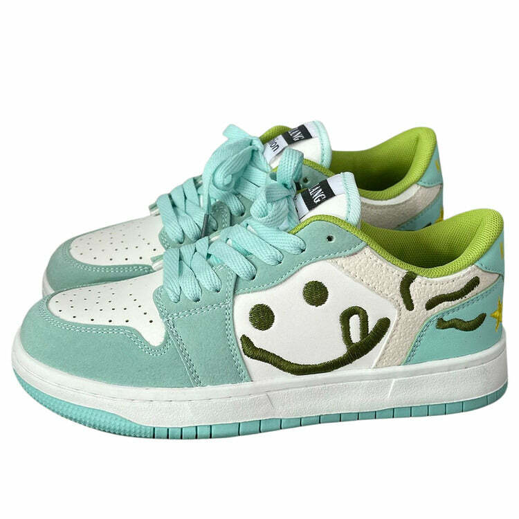 Y2K Fashion Smiling Face Embroidery Mint Green Sneakers for Trendy Looks