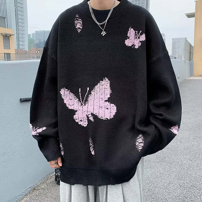 Y2K Fashion Soft Boy Butterfly Embroidery Sweater - 2000s Style Top