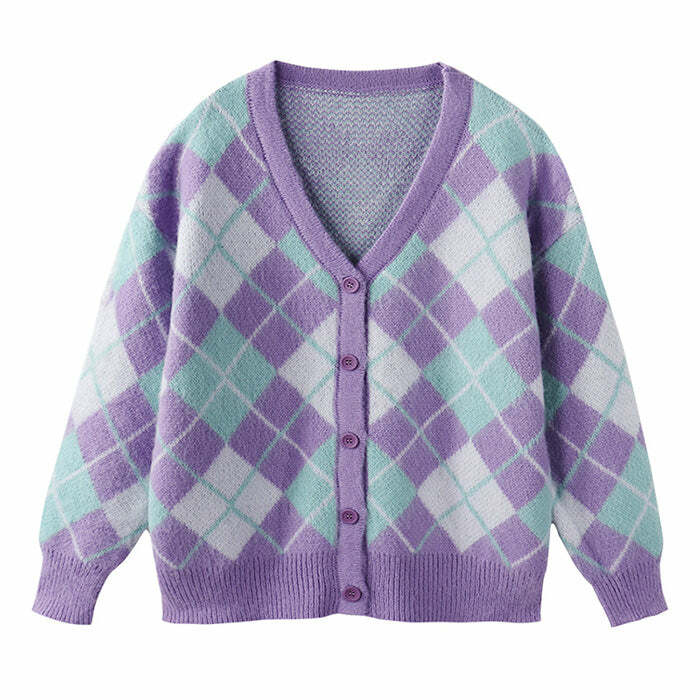 Y2K Fashion Soft Girl Argyle Cardigan - 2000s Style Aesthetic Top