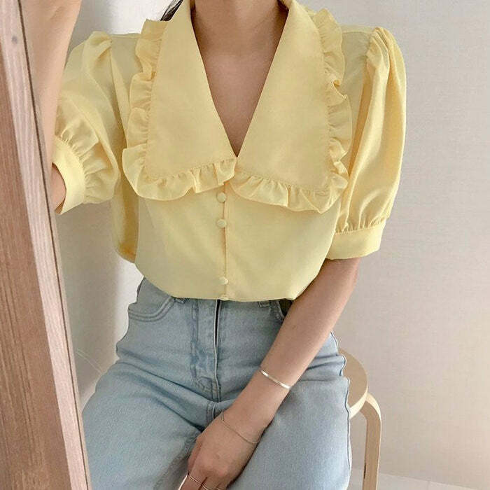 Y2K Fashion Soft Girl Frill Collar Blouse - 2000s Style Top