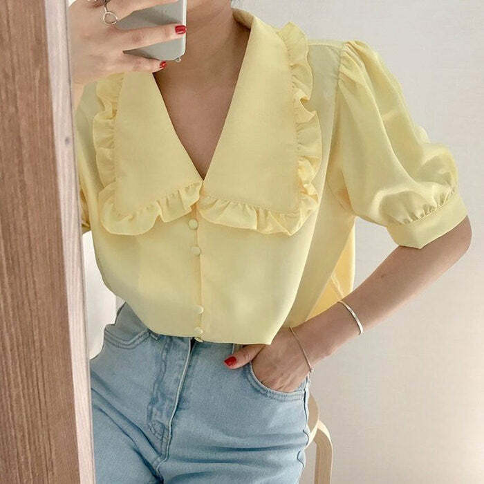 Y2K Fashion Soft Girl Frill Collar Blouse - 2000s Style Top